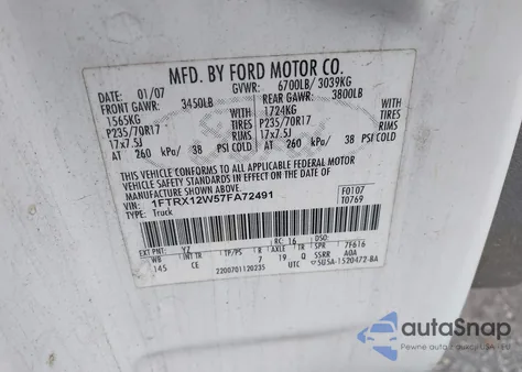 2007 Ford F-150 Stx/Xl/Xlt z USA, uszkodzony, nr VIN 1FTRX12W57FA72491